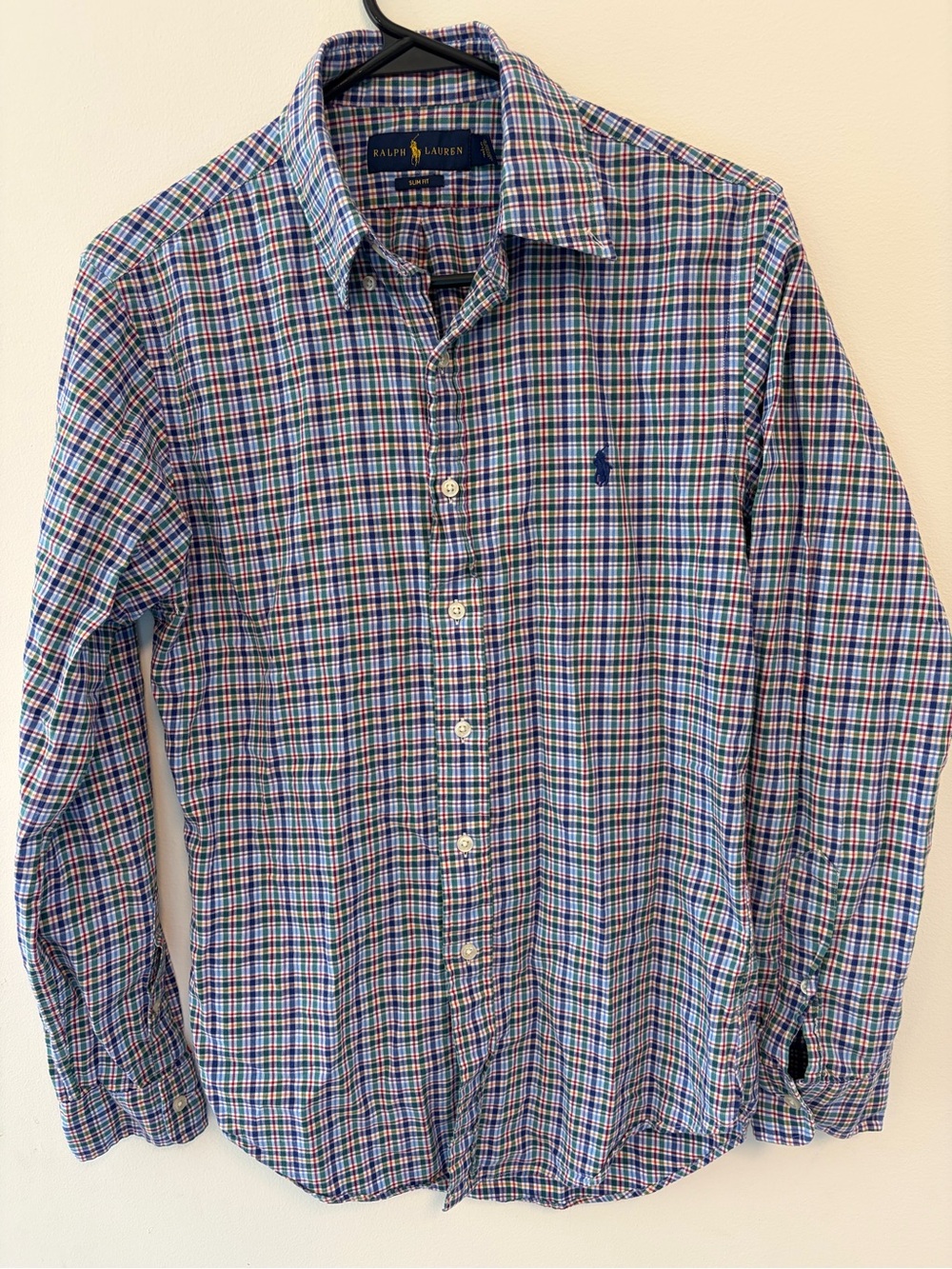 Ralph Lauren Slim Fit Men’s Shirt Plaid Sz Small 100% Cotton Blue Red Pony Logo
